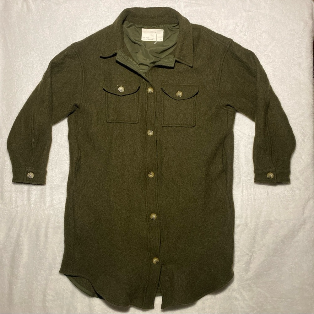 OAK + FORT 100 % Wool Shirt Utility Jacket Dark Olive Oversized NWOT
